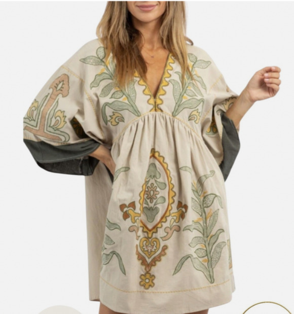 Joiemont Dresses & Skirts - NEW Joiemont Embroidered Kimono Sleeve Baby doll Dress XS Olive Beach Boho D18